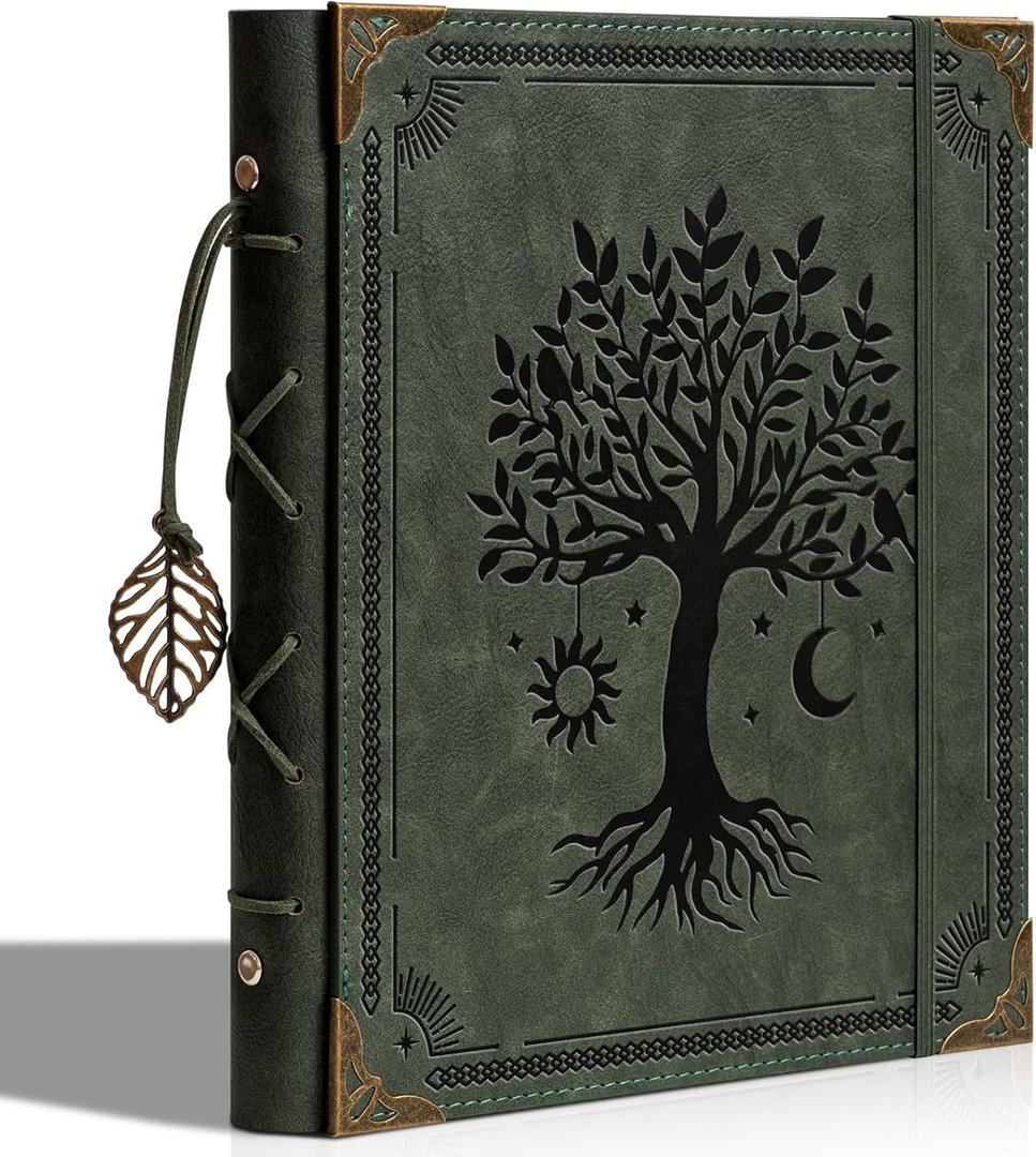 Vintage Photo Album 4x6 Leather Scrapbook Album with Writing Space 120 Photos & 30 Sheets DIY Paper Memory Albums Book for Anniversary Travel Vacation Family Tree, Green Medium(8"x10")