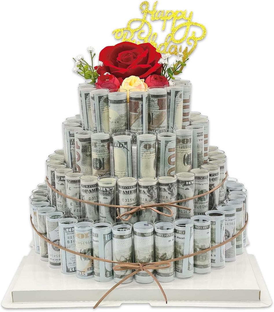 DTESL Gifting Cash Gift Boxes,Happy Birthday Day Money Gift Box,Money Flower Cake Fake Cake Gift BoxDIY Set Surprise Birthday Gift Boxfor Birthday/Christmas/Valentine's Day Unique Gift (Four Tier)