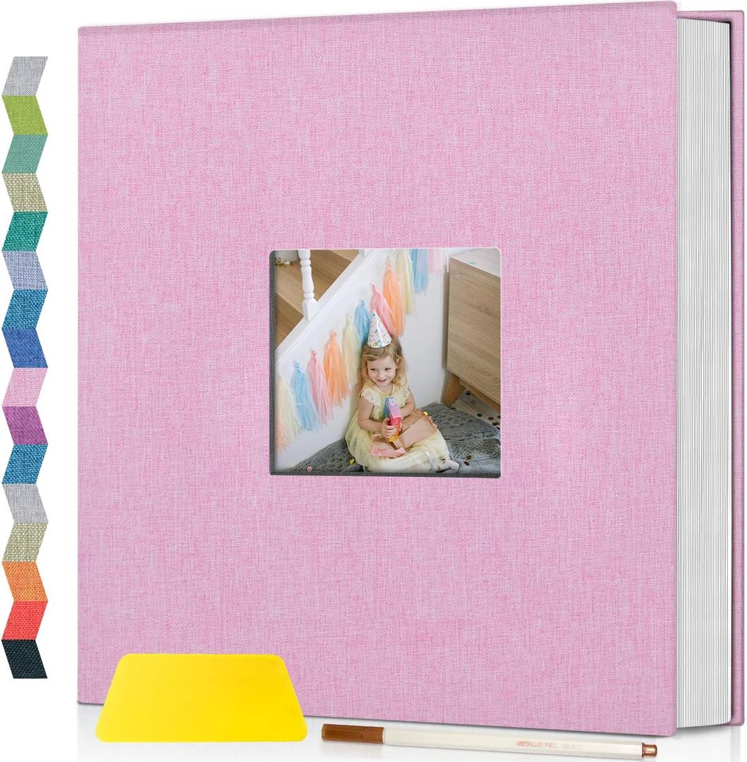Popotop Photo Album Self Adhesive with Picture Display Window,40 Pages DIY Scrapbooking Supplies Kit for 4x6 8x10 Picture,Linen Cover Memory Book for Baby Wedding, with Scraper and Metallic Pen (Pink)