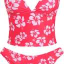 ZAFUL Women's Spaghetti Strap Tankini Swimsuits V Neck Tummy Control Tie Side Thong Bikini Swimsuits 2 Piece Bathing Suits (Pink, S)