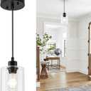 1 Light Pendant Lights Kitchen Island, Modern Farmhouse Hanging Light Fixture, 39Inches Adjustable Black Ceiling Light for Dining Room, E26 Base, Clear Glass Shape