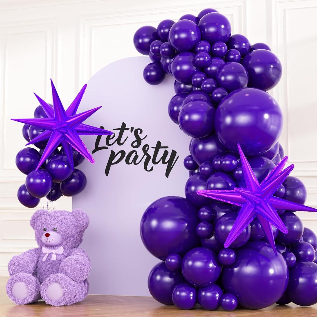 2 x 83Pcs Dark Purple Balloon Garland Kit with 2 Foil Star Balloons, 18/12/10/5 Inch Matte Purple Latex Balloons for Princess Birthday, Baby Shower, Bachelorette Party Decorations