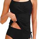Girls Swimsuit Adjustable Straps Two Piece Tankini Set Criss Cross Ruched Drawstring Teen Bathing Suits for Girls 9-16Y (9-10 Years, Black)