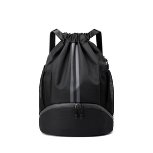 Black Drawstring Gym Bag for Men, Waterproof Drawstring Backpack for Women, Swim Bag with Shoes Compartment, Pull String Sport Bag for Soccer and Basketball.