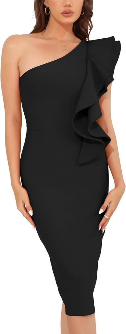 Womens Bodycon Midi Dresses Elegant One Shoulder Ruffle Bandage Wrap Dress Formal Cocktail Wedding Guest Dress (Small, Black)