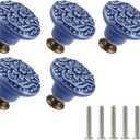 Greyish Blue Ceramic Knobs 5 Pack Flower Drawer Pulls Vintage Cabinet Knobs - Antique Dresser Pulls with Screws for Closet Drawer Cupboard Cabinet and DIY Home Project