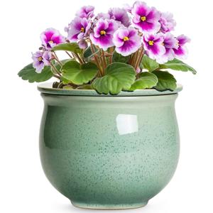 Ceramic Self Watering Pots, 6 Inch African Violet Pots with Absorbent Inner Pot, Round Self Watering Planter for Indoor Plants, Ceramic Pot for Plants, House Decor, Gifts for Women Men, Green