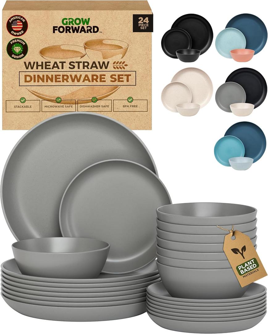 Grow Forward 24-piece Premium Wheat Straw Dinnerware Sets for 8 - Unbreakable Dishwasher & Microwave Safe Plastic Plates and Bowls Sets - Patio, Outdoors, RV, Camping Dishes - Feather