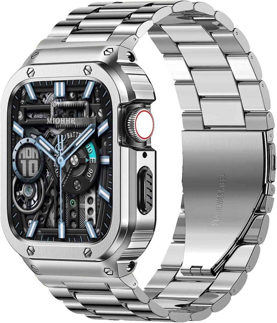 MioHHR Stainless Steel Band and Case Compatible with Apple Watch Band 44mm 42mm (Not Series 10), Men Metal Protective Bumper Cover for iWatch Series SE/6/5/4/3/2/1, Silver (42mm(Series 3/2/1),44mm(SE/6/5/4))