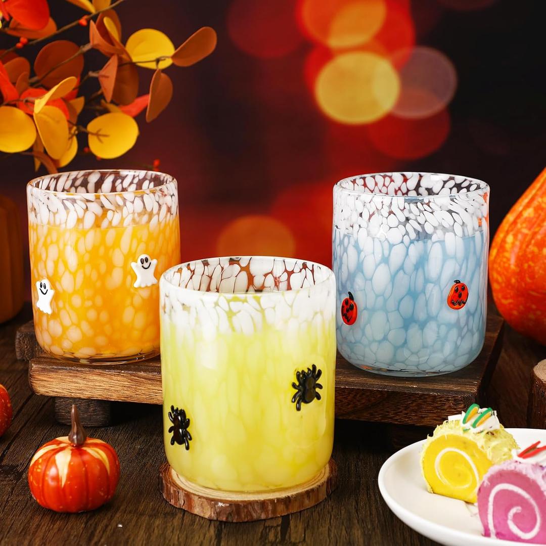 3 Pcs Halloween Drinking Glasses Cups 14 oz Ghost Pumpkin Spider Icon Juice Glass Cups Halloween Stemless Wine Glasses for Holiday Drinkware Friends Lovely Gifts Party Decoration