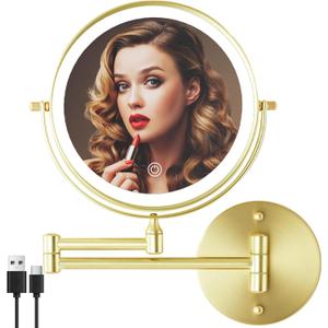 Rechargeable Wall Mounted Lighted Makeup Vanity Mirror 8 Inch Double Sided 1X 10X Magnifying Bathroom Mirror, 3 Color Lighting, Touch Screen Dimming, 360 Rotation Shaving Mirror Gold