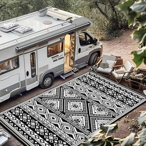 Onelike 9x18' Outdoor Plastic Straw Rug Patio Rug Waterproof Design Non-Slip & Easy to Clean Perfect for Garden, Porch, Balcony, Camping, RV Trip, Deck, Black&White