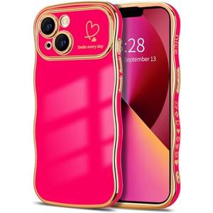 Hython for iPhone 13 Case Wave Wavy Phone Cases with Love Heart, Luxury Plating Edge Cute Curly Shape Cover for Women Girls, Thin Slim Soft TPU Rubber Shockproof Protective Cover, Hot Pink Sat of 3