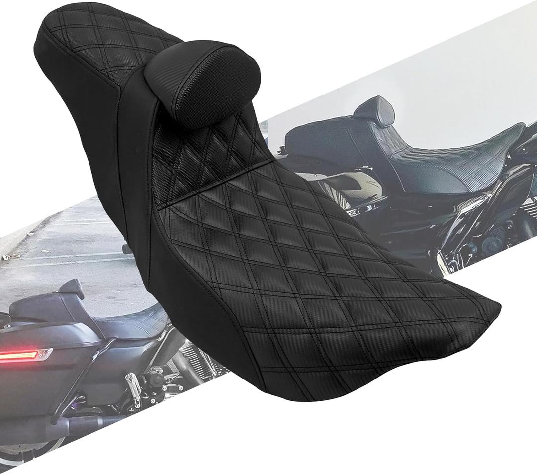 Motorcycles Driver Passenger Seat Cushion Pad One-Piece Seat Leather Pillion With Backrest Fit For Harley Touring Road King Street Glide Electra Glide 2009-UP (Black Stitching)