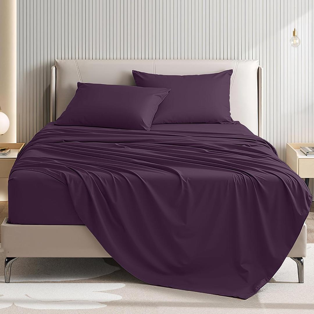 4 Piece Sheet Set - Comfy Breathable & Cooling Bed Sheets Set, Soft and Wrinkle Free, Deep Pockets, Easy & Secure Fit, Hotel Luxury Bedding for Women, Men - Oeko-Tex - (Purple,Queen)