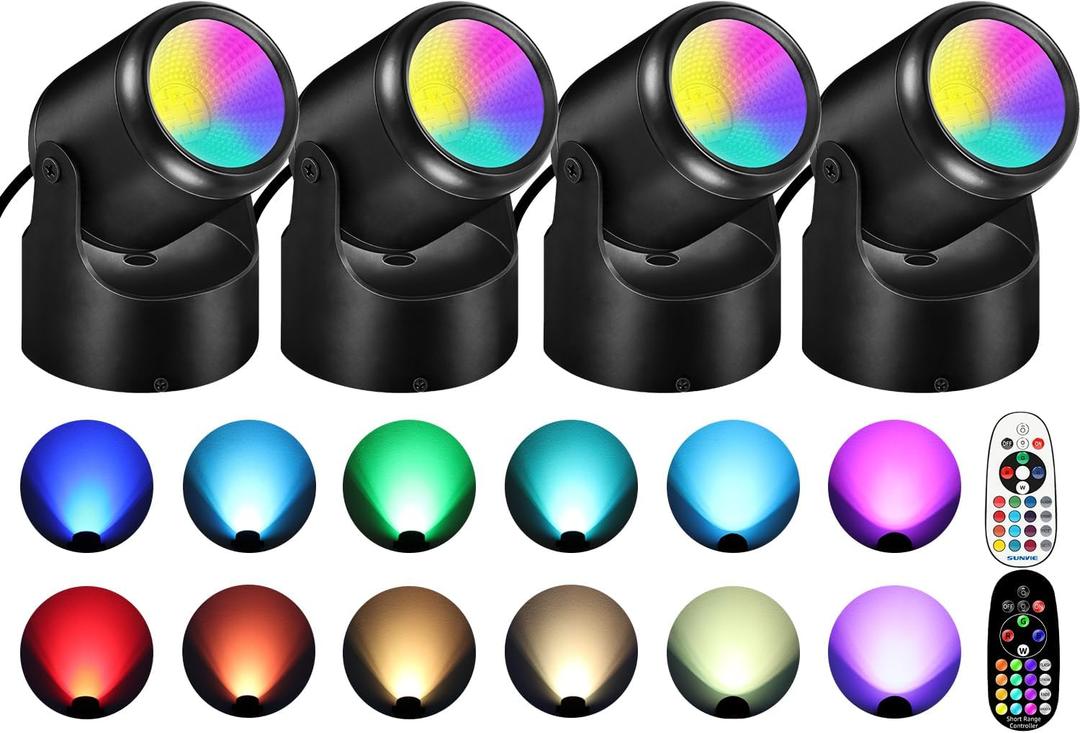 6W RGBW Up Lights Indoor Christmas Spotlight Indoor LED Color Changing Uplighting Indoor with Remote 120V Spot Lights Indoor Plug in Floor Spotlight Indoor for Plant Picture Party, 4 Pack