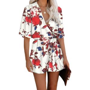 AIMCOO Women's Summer Deep V-Neck Floral Print Romper Ruffle Hem Half Flared Sleeve Jumpsuits Waist Tie Casual Short Romper (Large, White)
