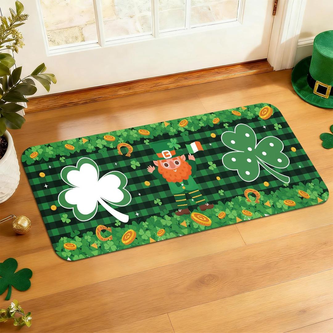 St. Patricks Day Rug Welcome Door mat 17x29 inch, Green Clover Lucky Door Mat for Front Door, Non-Slip Low Profile Indoor Outdoor Entryway Mat, Holiday Seasonal Home Decor