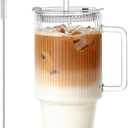 KEMORELA 24 Oz Ribbed Glass Tumblers with Lids and Straws, Tumbler Cup with Handle, Iced Coffee Glassware, Clear Reusable Drinkware for Smoothies and Beverages (1)