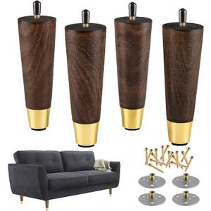 Mid-Century Modern Couch Legs - Set of 4, 6 Inch Brown Round Tapered with Brass Base for Cabinets, Coffee Table, Ottoman, Sofa, Loveseat, Armchair