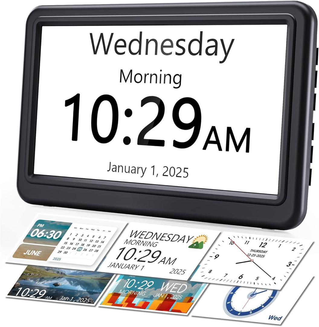 ROCAM Dementia Clock for Seniors, Large Display Digital Calendar Day Clock, 12 Themes 20 Custom Alarms & Reminders with 18 Ringtones, Automatic Dimmer, Medication Alarm Clock for Alzheimer's/Elderly (Black)