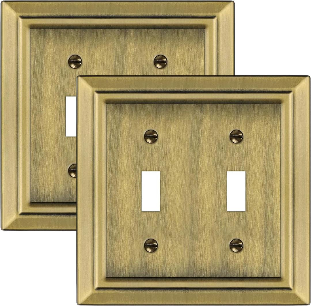 Dyekou Metal Wall Plate for Electrical Outlets, Decorative Antique Brass Switch Plates Outlet Cover, Light Switch Cover Plate, 2-Gang Wall Plates (Double Toggle, 2 Pack)