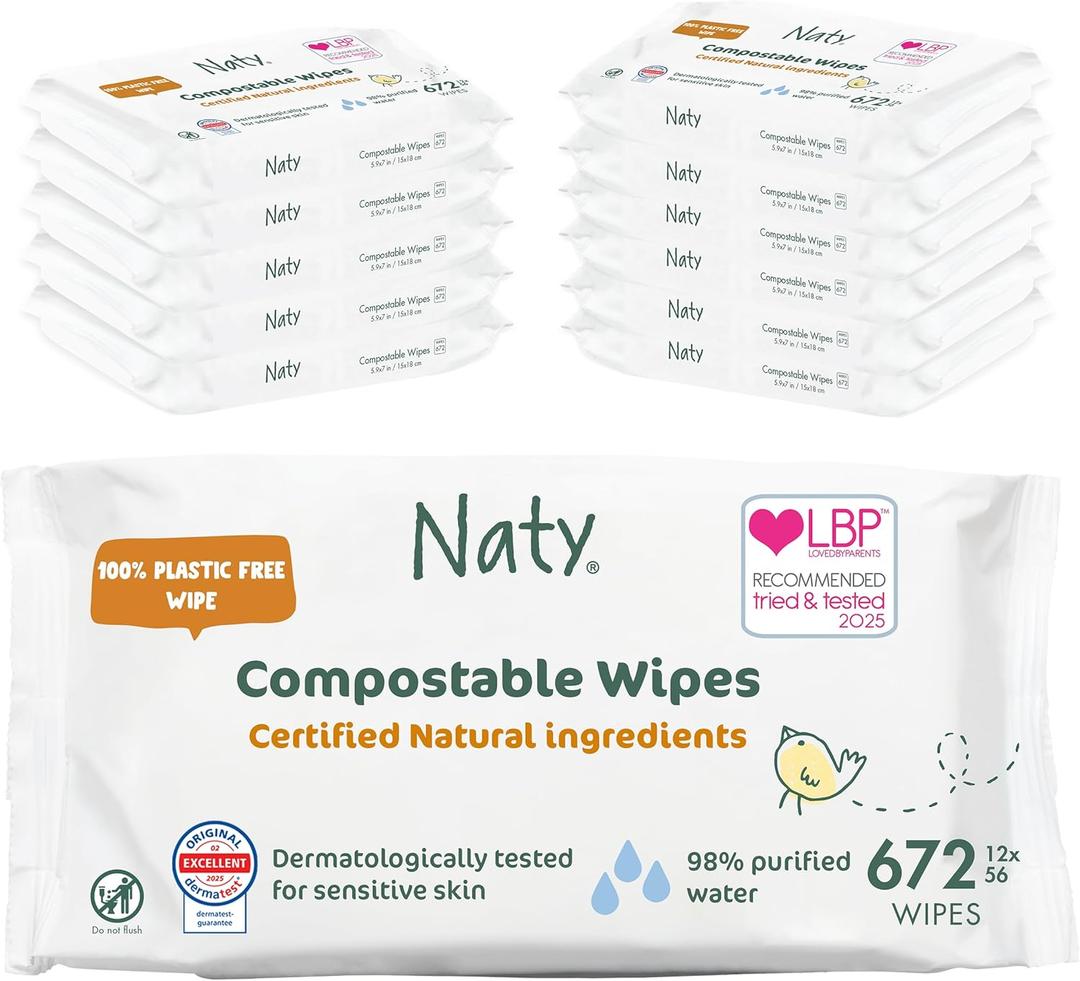 Eco by Naty Unscented Baby Plant based Compostable Wipes, 0% plastic, No nasty chemicals, White, 672 Count (56 Count (Pack of 12))