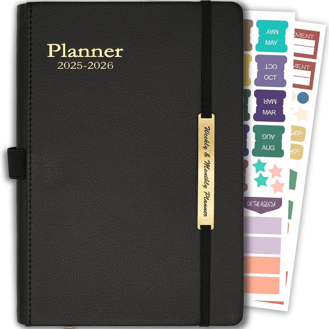 Day Planner 2025-2026, Hardcover Weekly & Monthly Planner from Jul 2025-Dec 2026, 18 Month Calendar 2025 with Tabs & Pocket, A5 Size, Black, Hard Cover Black