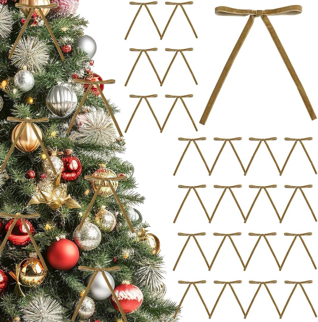 2 x 24Pcs Velvet Bows for Christmas Tree - 5  7 Inch Velvet Christmas Tree Bow - Khaki Bows for Gifts Wrapping - Home Decor - Wedding - Vintage Garland - Holiday Decorations