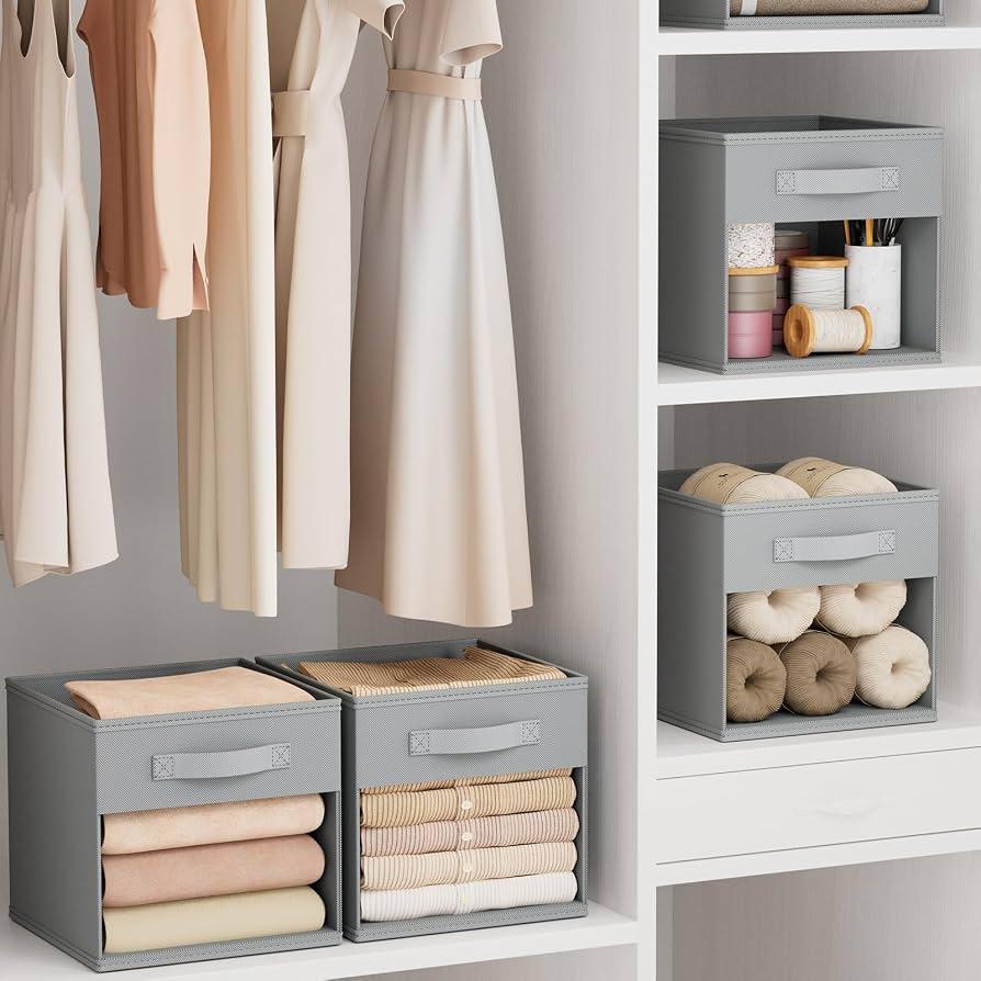 DIMJ Storage Cubes, 11x 11 inch Cube Storage Bin,  4 Pack Closet organizers and storage Bins with Window, Collapsible Baskets with Handle for Shelves, Clothes, Toys, Books (Grey)