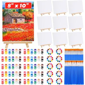 10Pack 8x10 Inch Canvas and Easel Set, Art Canvas Bulk with Easel Stands, 12 Colors Mini Acrylic Paint Set, Small Paint Brushes, Paint Trays, Sip and Paint Kit for Adults Couples Paint Party Supplies