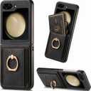 for Samsung Galaxy Z Flip 6 / Z Flip 7 FE with Card Holder,Wallet Phone Case with Built-in Rotate Ring Stand PU Leather Protective Kickstand Case for Women Girls Galaxy Z Flip 6 / Z Flip 7 FE Black