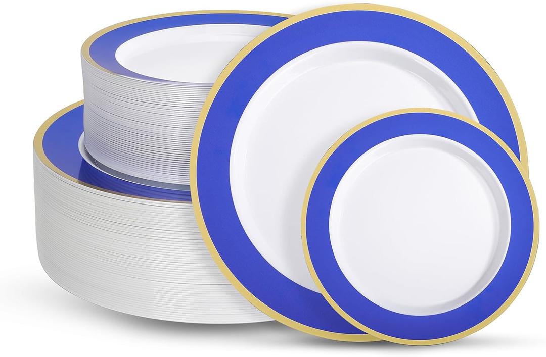 100Pack Plastic Plates Disposable Heavy Duty for Christmas Include 50PCS 10.25inch Dinner plates and 50PCS 7.5inch Dessert Plastic Plates for Party Wedding Birthday New Year (Blue)