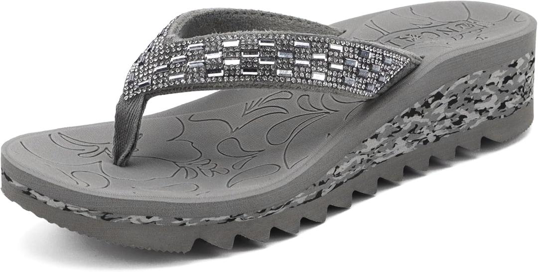 ONCAI Women's Wedge Flip Flops with RhinestoneRecovery Dressy Walking Sandals for Women with Comfortable Arch Support Cushion Yoga Mat Summer Rubber Soles(US Size 5-11) (6, Grey)