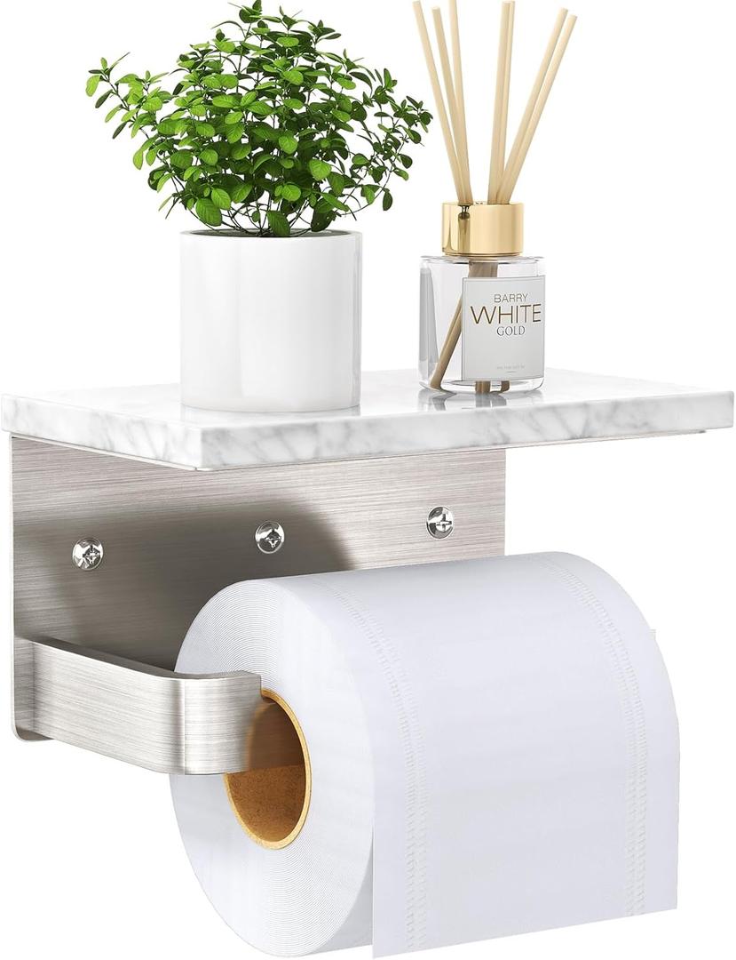 Gypie Toilet Paper Holder with Shelf, Extended Base Wall Mounted, Marble Toilet Roll Holder Brushed Nickel for Bathroom Washroom