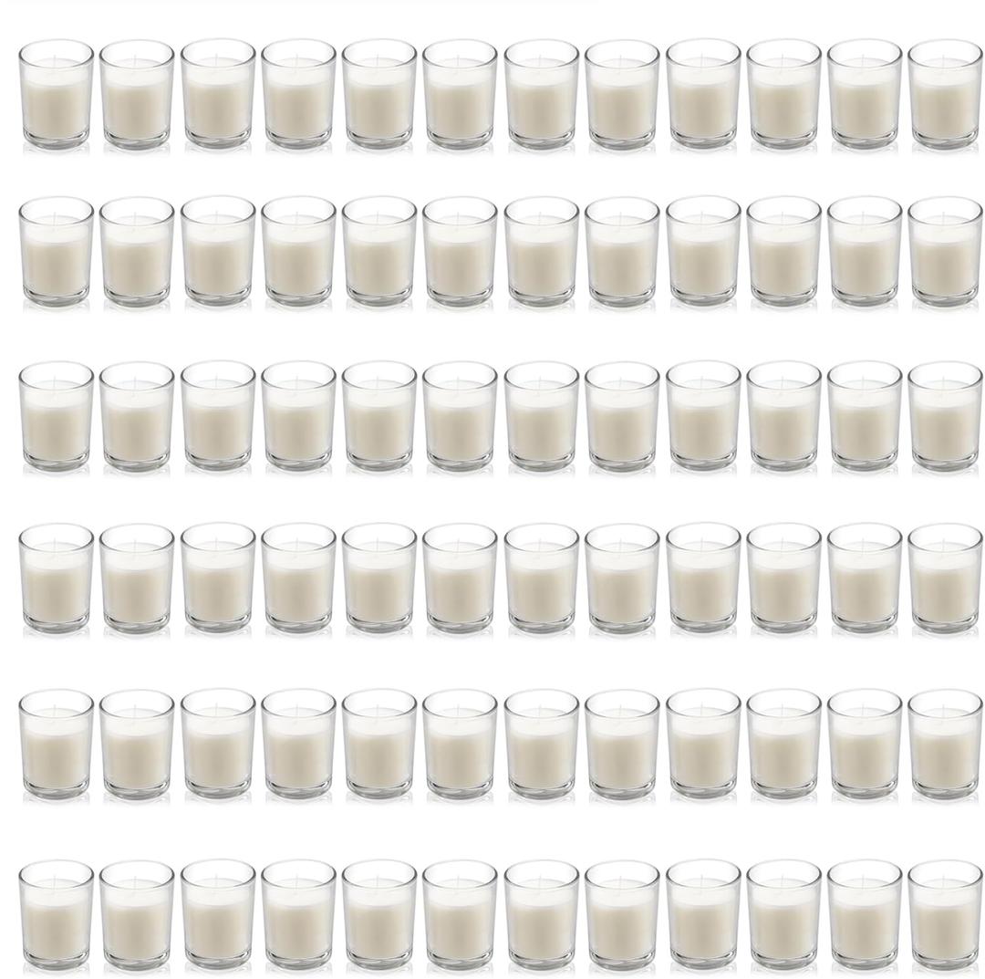 Housecret 72 Pack Warm White Unscented Clear Glass Filled Votive Candles. Hand Poured Wax Candle Ideal Gifts for Aromatherapy Spa Weddings Birthdays Holidays Party