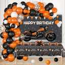 MEHOFOND Motorcycle Birthday Decorations for Boys Orange Black Balloon Arch Kit Happy Birthday Banner with Plastic Tablecloth Motocross Racing Balloon set Dirt Bike Birthday Party Decoration