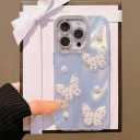 for iPhone 16 Pro Max Case Cute Bling for Women Girls, Luxury 3D Butterfly Design Shiny Glitter Rhinestone Pearl Camera Shockproof Protective Phone Case (Silver, iPhone 16 Pro Max)