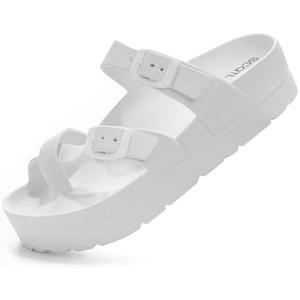 SCQTL Women's Platform Sandals with Arch Support, Comfort Slides Adjustable Slip On Flat Sandals for Summer Ultra Cushion & Thick Soles, Size 5, White