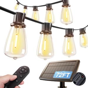 addlon 72FT Solar String Lights Outdoor, Waterproof Solar Powered Outside Lights with Remote & USB Port, ST38 LED Shatterproof Bulbs, Dimmable Solar Light for Camping Backyard Porch