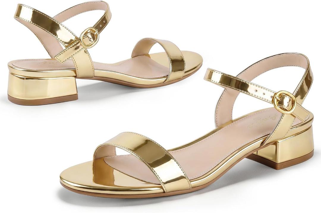 Ankis Women Nude Black White Open Toe 1 Inch Block Low Heel Sandals Daily, 10 Size (Gold)
