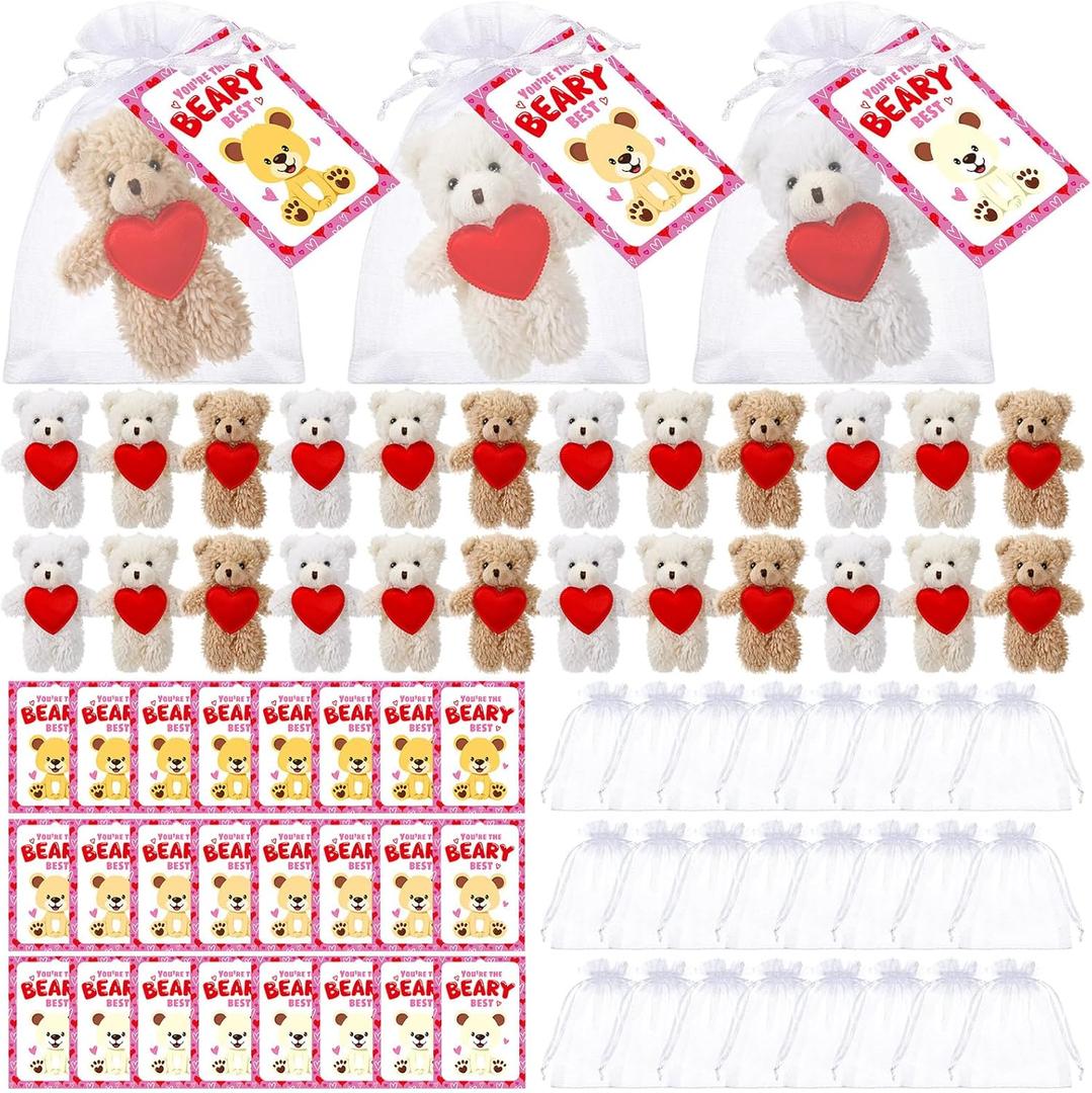 Jenaai 24 Set Valentines Day Mini Teddy Bear Gift Bulk 5.1 Inch Valentines Day Stuffed Animals Plush Toys Small Cute Bear with Greeting Cards and Organza Bag for Girlfriend Birthday Party(Heart)