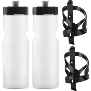 Bike Water Bottle Holder & Bottle Combo  2-Pack 22 oz Sports Squeeze Bottles with Pull Top Cap & Easy-Install Bike Cage  Made in USA  50 Strong Brand