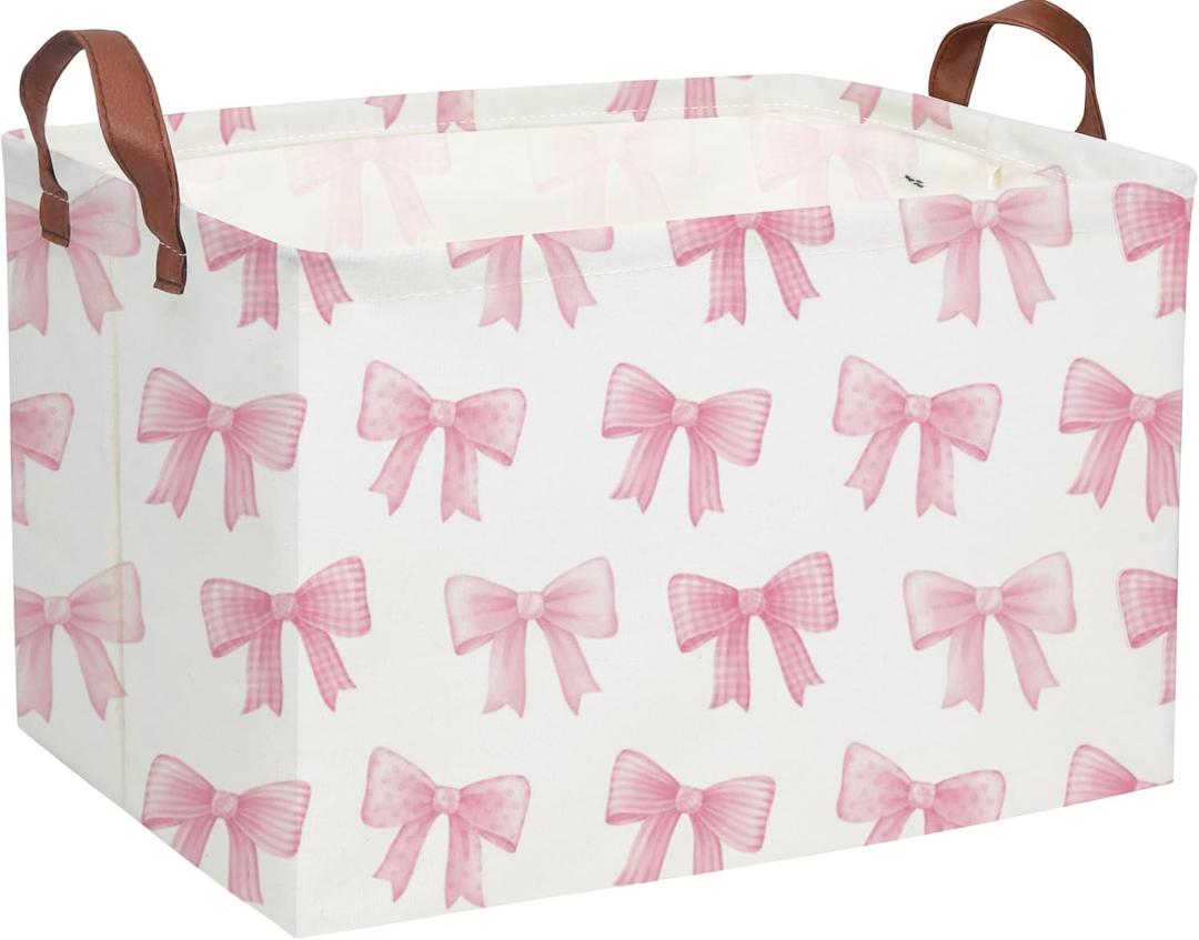 Sanjiaofeng Rectangular Kids Basket Pink Storage Bins,Girls Storage Baskets with Handles.Clothers,Toys,Books,Kid's Gifts Storage. (Pink Bowknot)