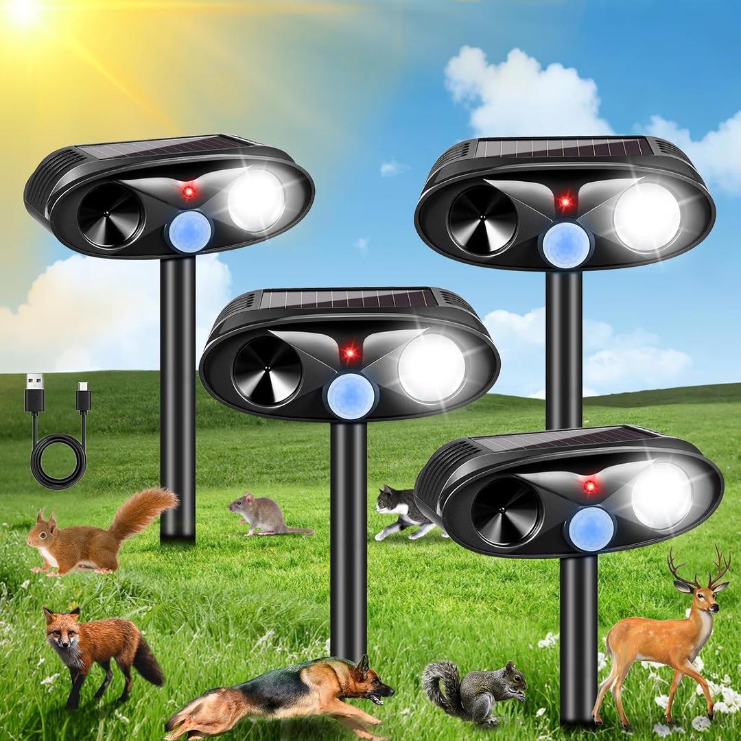 Upgraded Solar Animal Repellent Outdoor Deer Repellent Devices with Motion Sensor & Flashing Light,Ultrasonic Deterrent Control for Cat Squirrel Raccoon Dog Rabbit Skunk for Yard Garden,4 Pack Black