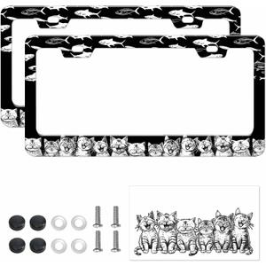 2pcs Black White Cat Fish Plate Frame for Women, Kitten Fish car tag Frames Girly for Vehicle with Non Adhesive Electrostatic Sticker