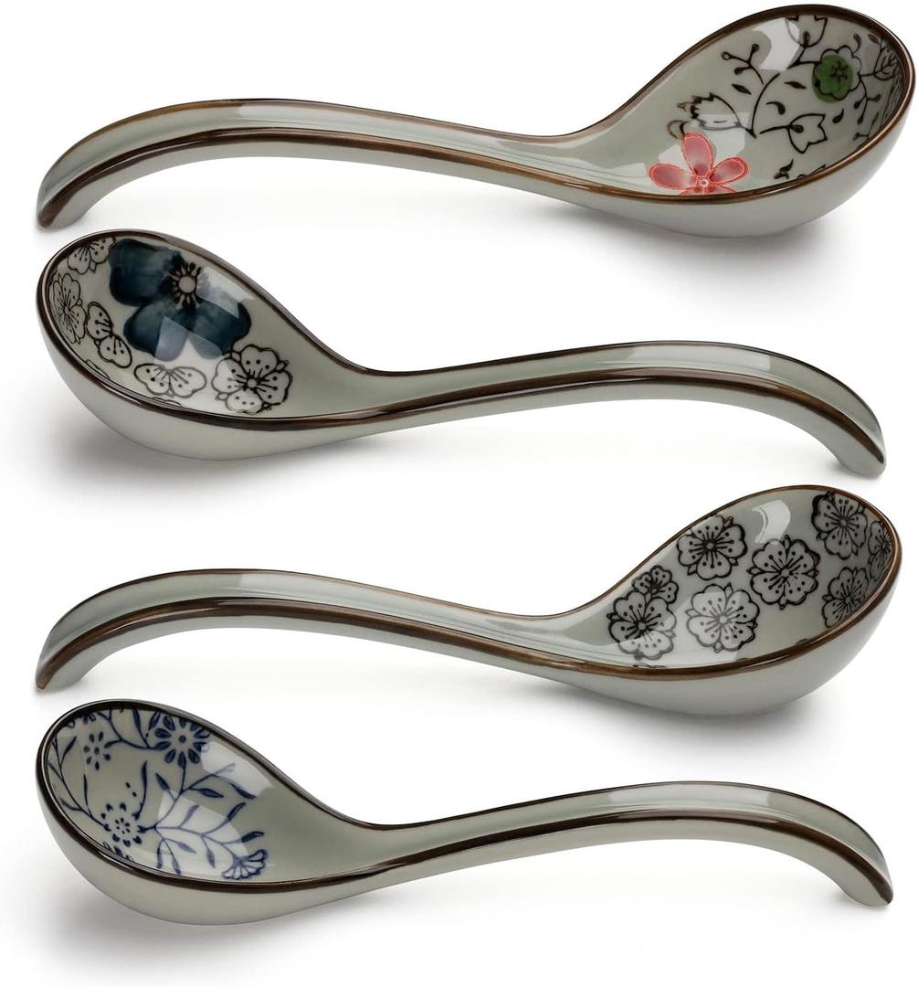 Ceramic Soup Spoons Set of 4 Porcelain Japanese Soup Spoon Long Handle Asian Soup Spoon Sets for Pho Ramen Noodles Wonton Dumpling Rice (Model 2#)