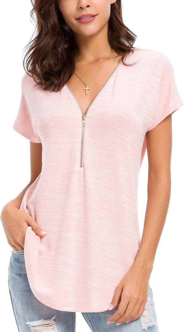 LUSMAY Women's Casual Zipper V Neck Short Sleeve Tunic Tops Loose Fitting T Shirts Blouse (Pink, M)
