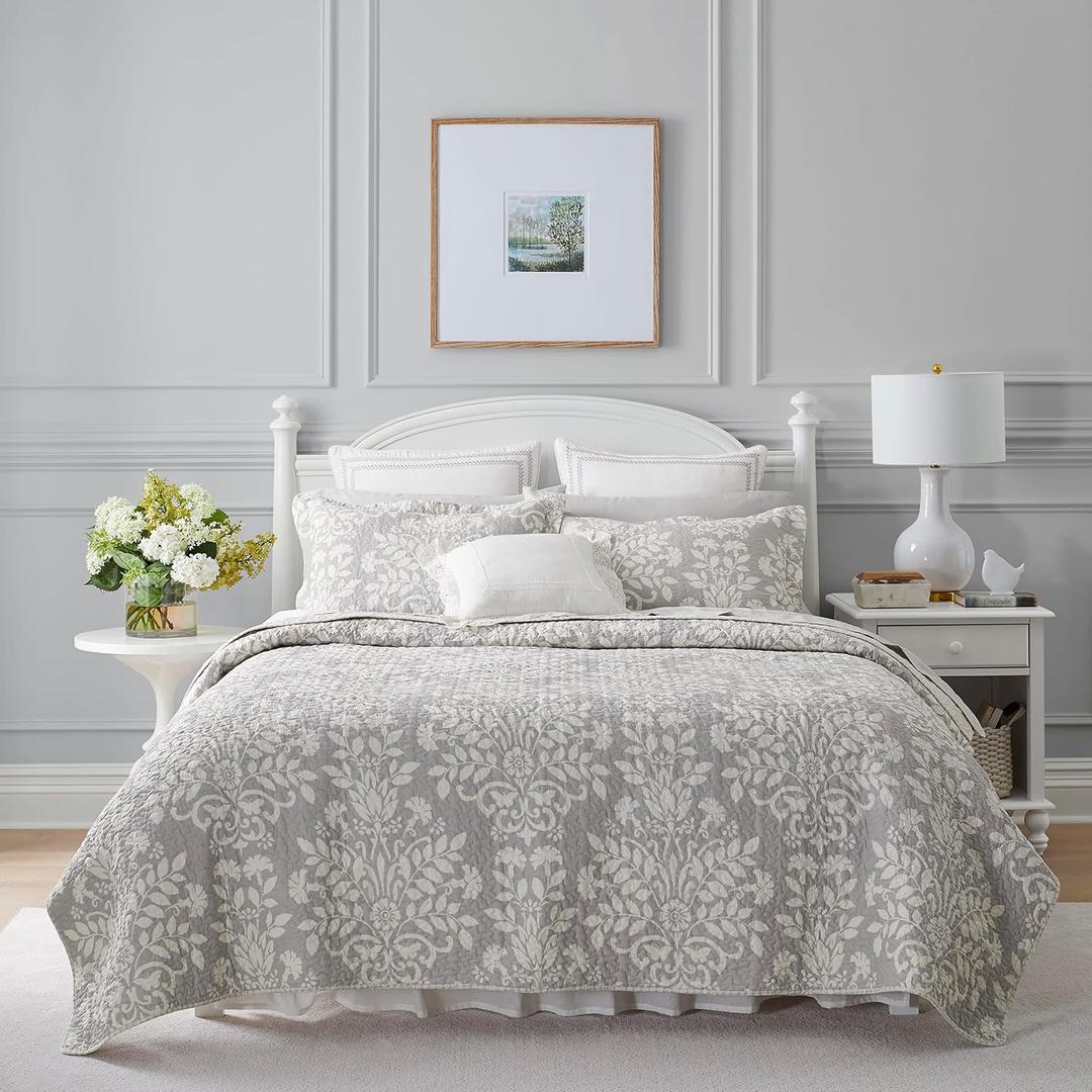 Laura Ashley - King Quilt Set, Reversible Cotton Bedding with Matching Shams, Home Decor for All Seasons (Rowland Grey, King)