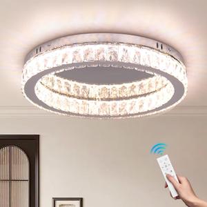 Finktonglan Dimmable Crystal LED Flush Mount Ceiling Light, 17.7" Modern Round Low Profile Chandelier, 48W, Remote, 30006500K Tunable White, K9 Crystal & Stainless Steel for Living Room Dining Room